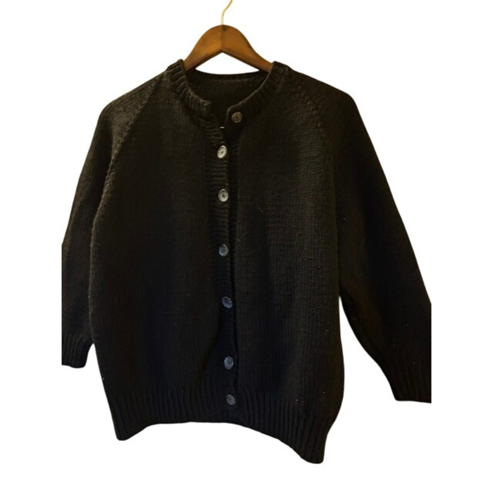 Handmade Black Knit Cardigan Button Up Crew Neck Raglan Sweater